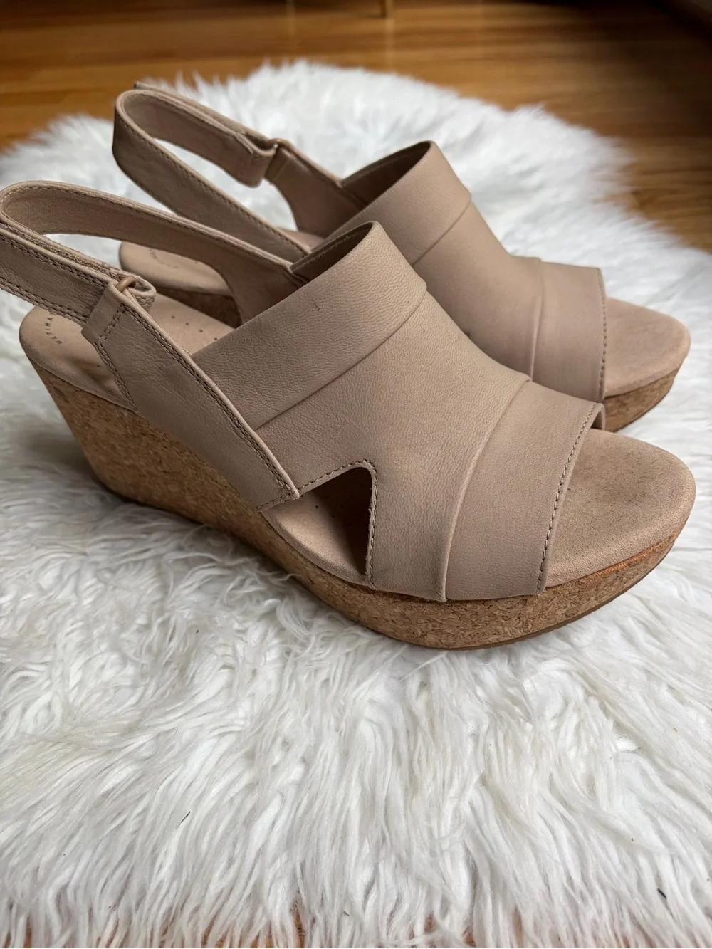 Clarks Annadel Ivory Beige/Tan Cork Platform Wedge Sandals
